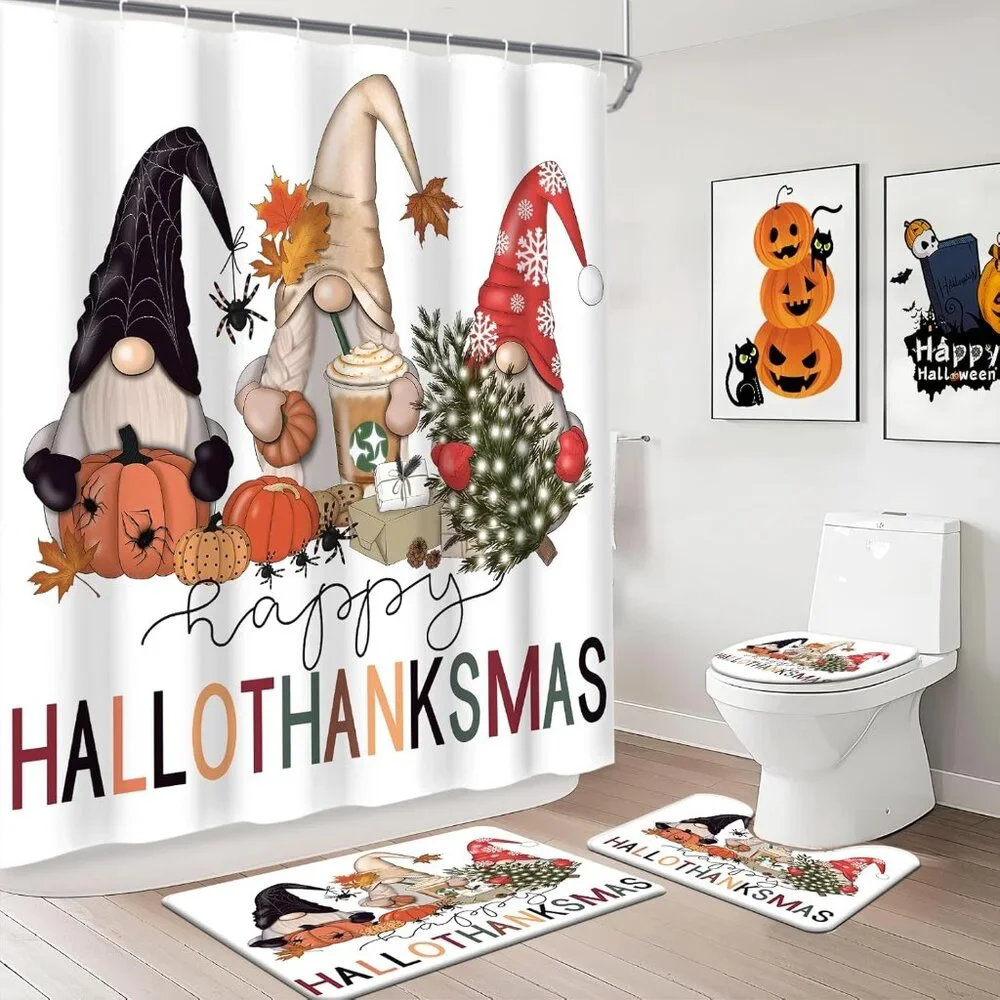 Eco-Friendly Halloween Gnome Shower Curtain Set with Non-Slip Rugs – 4Pcs